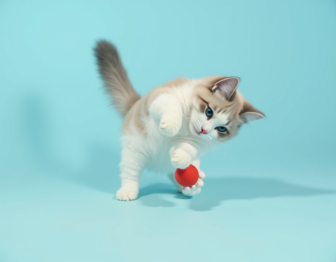 Playful studio photo of cat interacting with a bright red ball. The cat is mid-action with its paw raised, and the pastel blue background and balanced lighting create a cheerful, vibrant atmosphere that highlights the cat’s agility and energy.